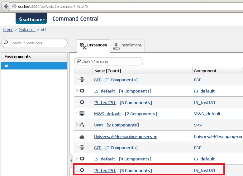 The newly created Integration Server instance in Command Central