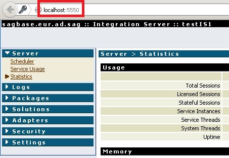 Administration page for the newly created Integration Server instance